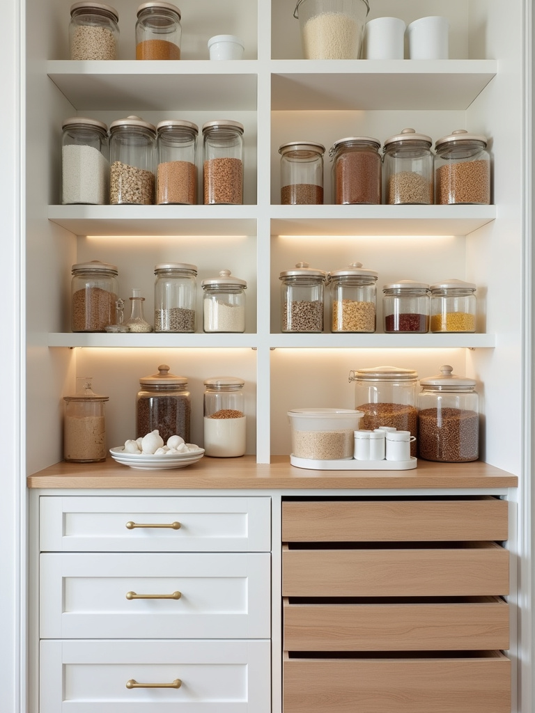 Well-organized minimalist kitchen pantry with clear containers and jars of dry goods neatly arranged on white shelves.