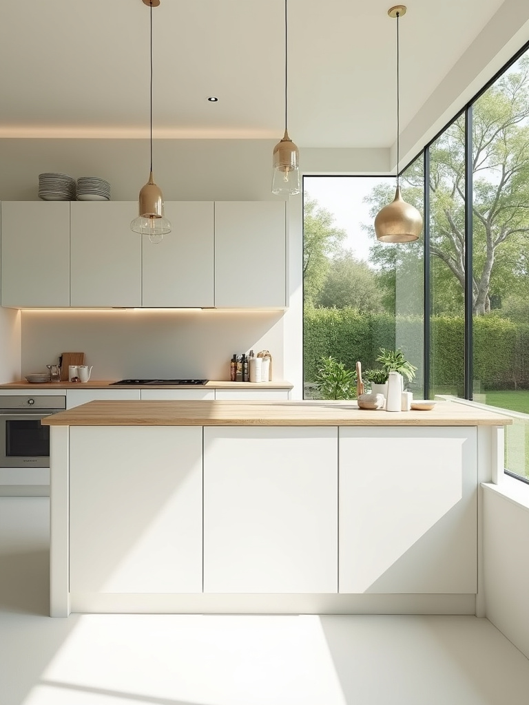 Sunlit minimalist kitchen with large window overlooking a garden, featuring white flat-panel cabinets and light wood countertops.