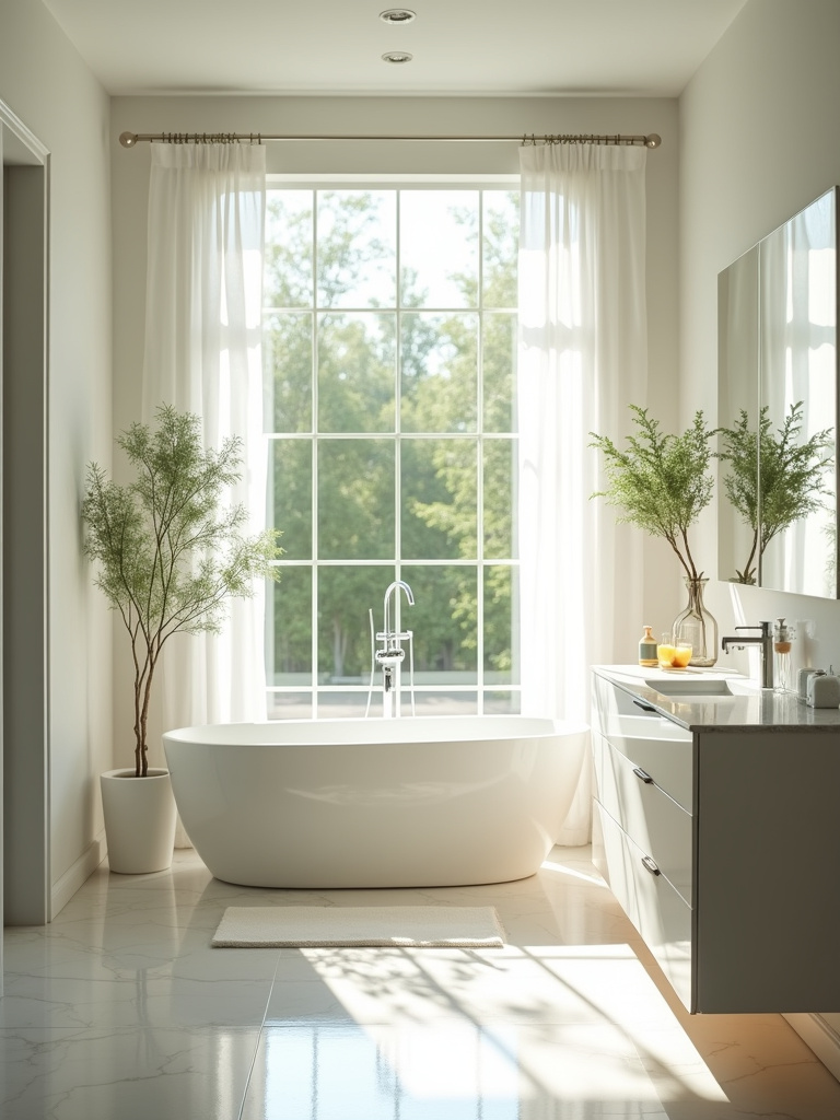“A sun-drenched bathroom with large windows and sheer curtains, emphasizing the abundance of natural light and its impact on the space.”