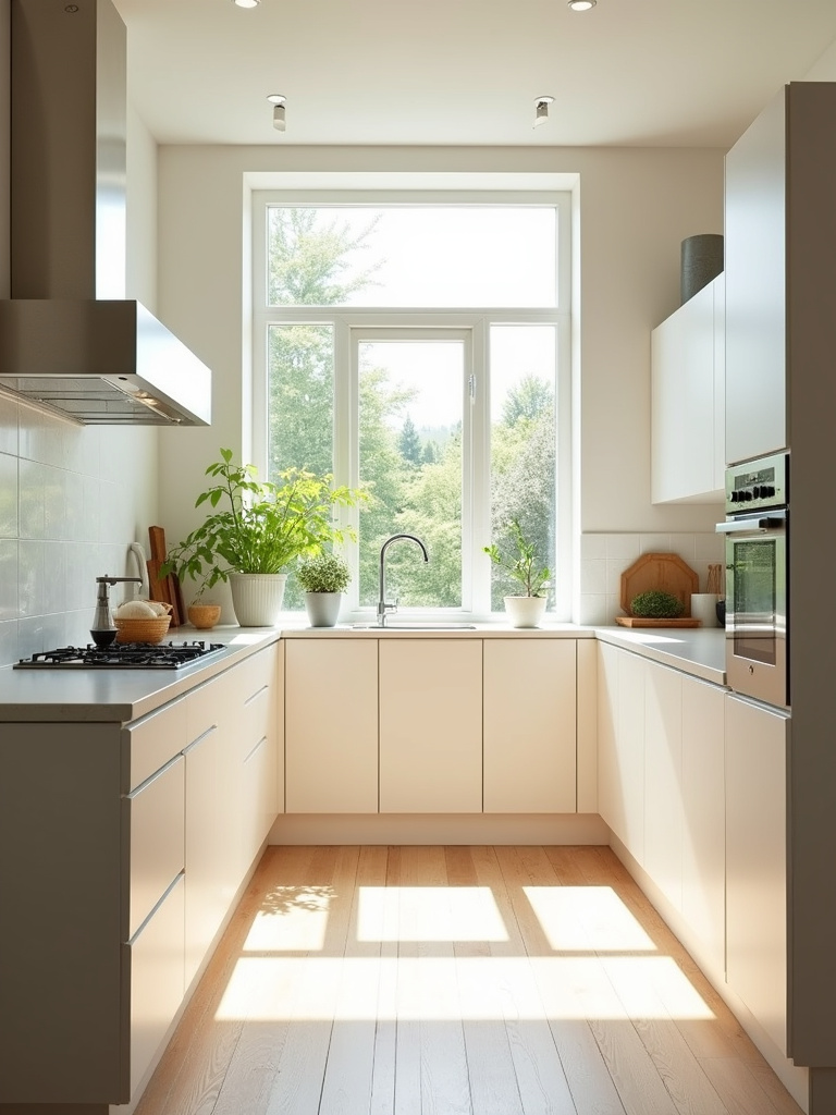 Sunny minimalist small kitchen with a large window allowing abundant natural light to brighten and open up the space.