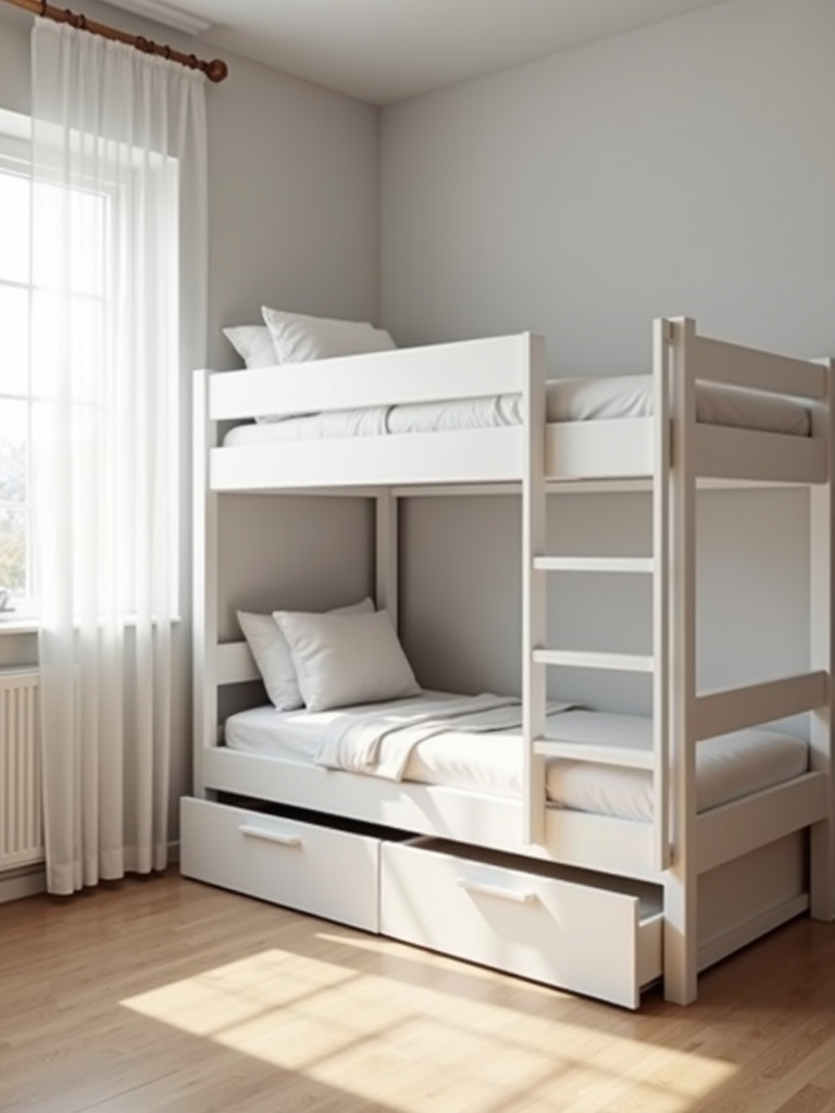 Modern kids bedroom with white bunk bed featuring built-in storage drawers.