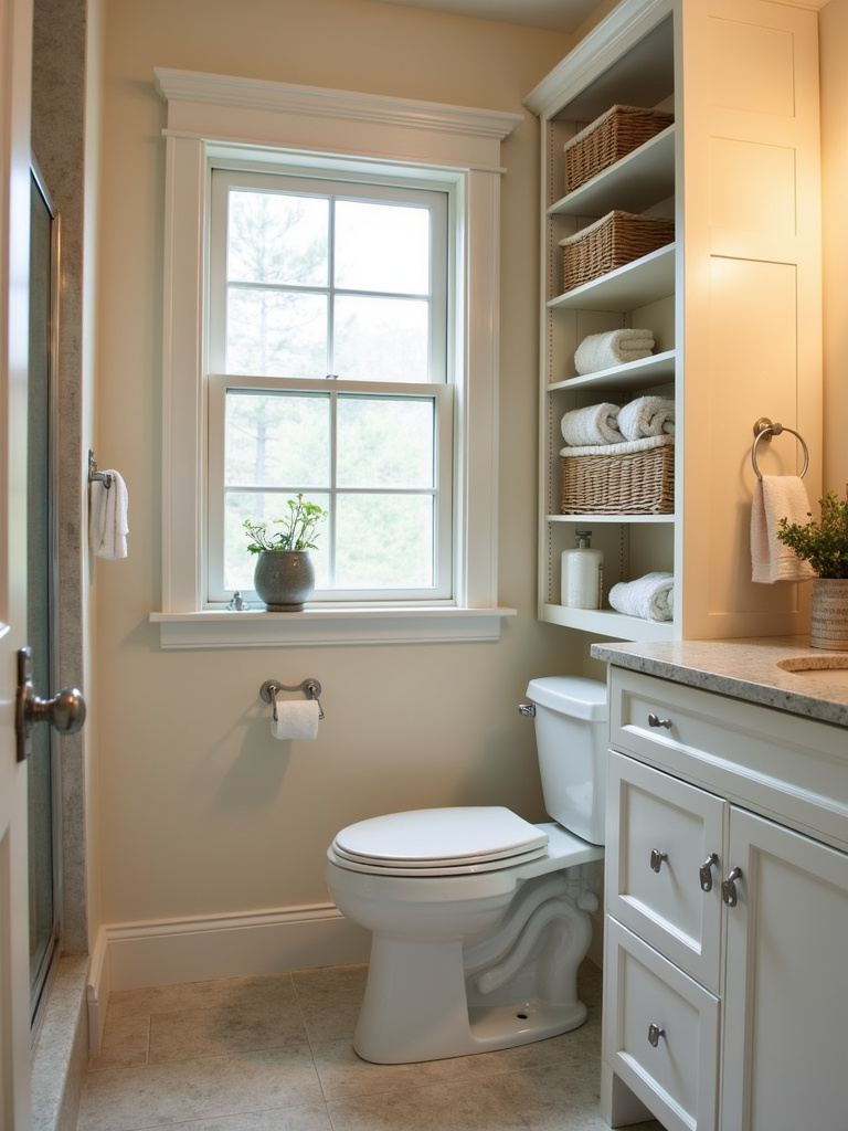 “A small, well-organized bathroom featuring vertical storage solutions like wall-mounted shelves and a built-in shower niche, highlighting decluttered countertops.”