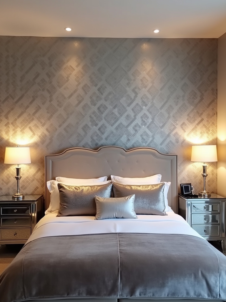 A glamorous bedroom featuring silver metallic geometric wallpaper on the headboard wall, softly lit by bedside and recessed lighting.