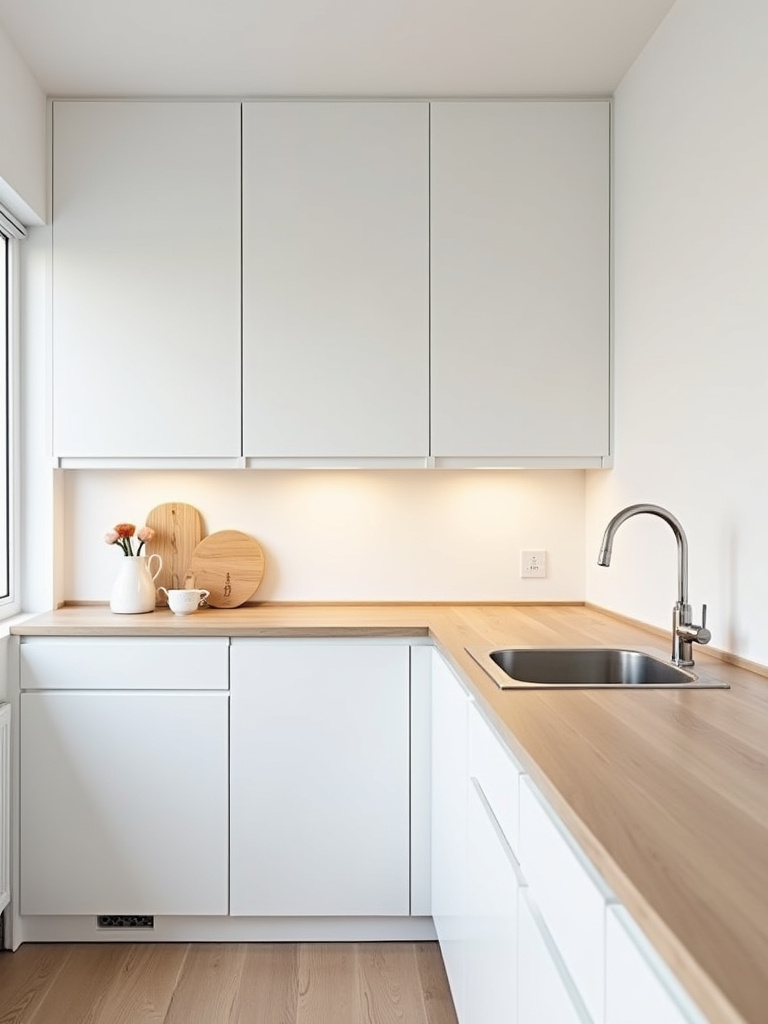 Minimalist Scandinavian small kitchen with white flat-panel cabinets and uncluttered countertops, showcasing a “less is more” design approach.