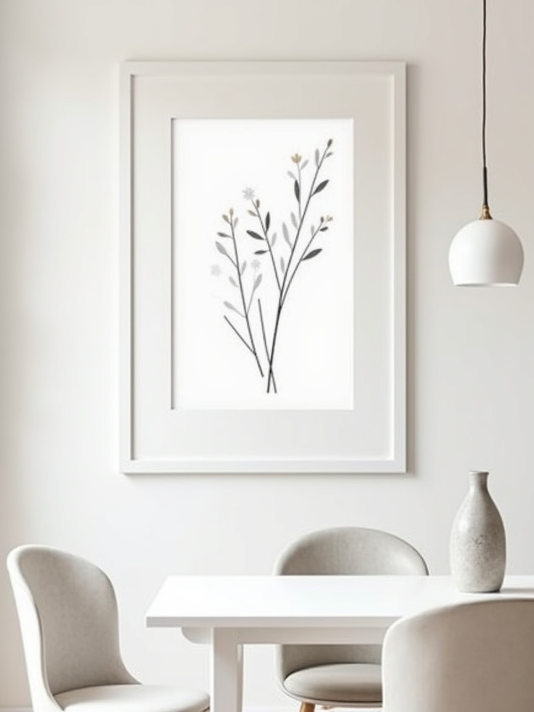 Minimalist dining room featuring framed minimalist line art of botanical forms on a white wall.