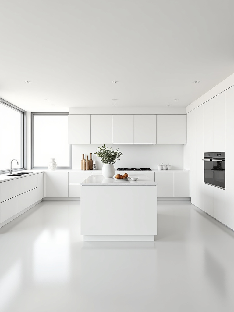 A pristine minimalist kitchen featuring clean lines, handleless white cabinets, a simple island, and minimal accessories, bathed in soft, even lighting to emphasize spaciousness and simplicity.