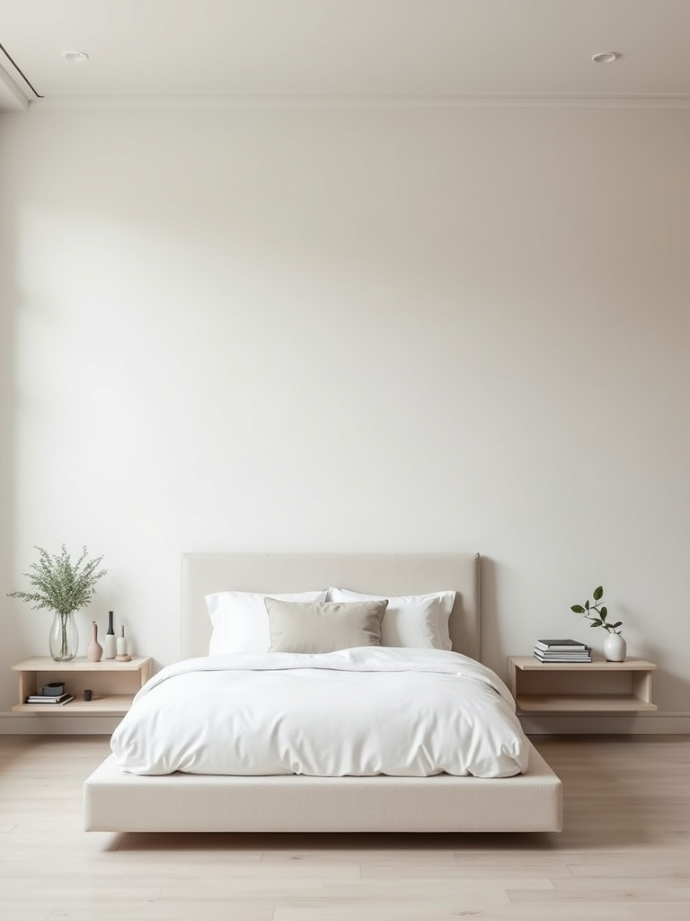A serene minimalist bedroom featuring plain off-white textured wallpaper on all walls, bathed in soft diffused daylight.
