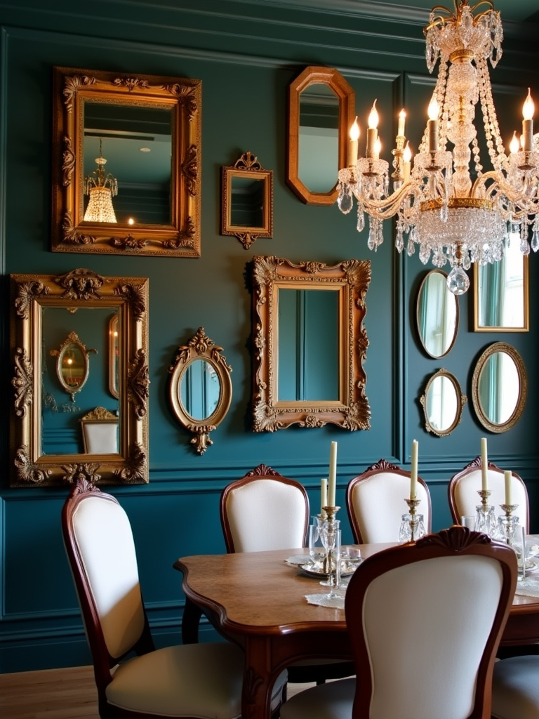 Elegant dining room featuring a gallery wall of mixed mirrors reflecting a crystal chandelier against dark teal walls.