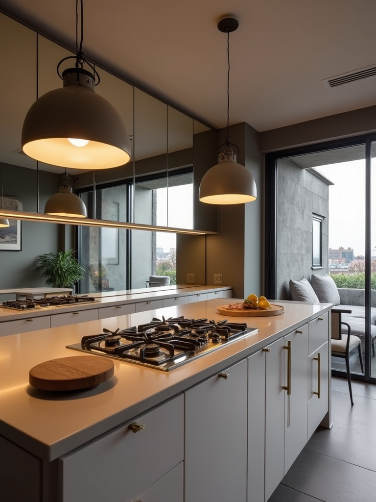 Contemporary small kitchen featuring a mirrored backsplash that reflects light and visually expands the space.