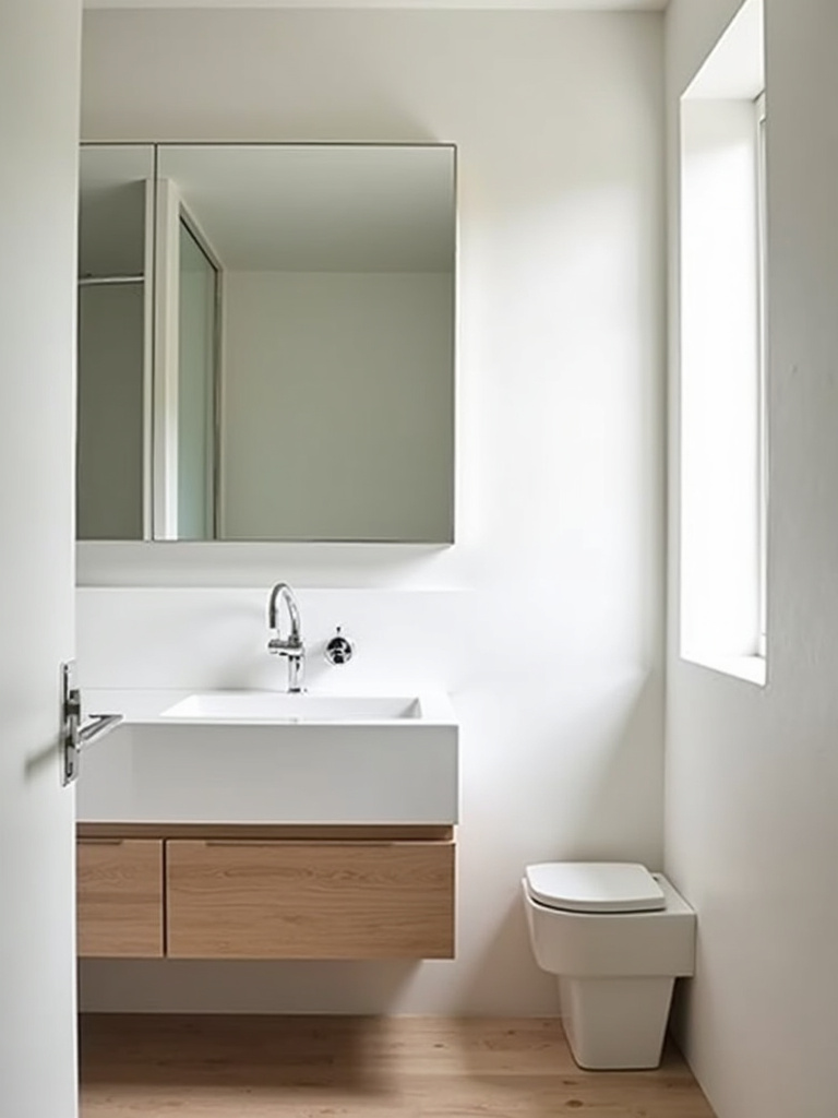 Small minimalist bathroom with a large mirror reflecting natural light and expanding the space.