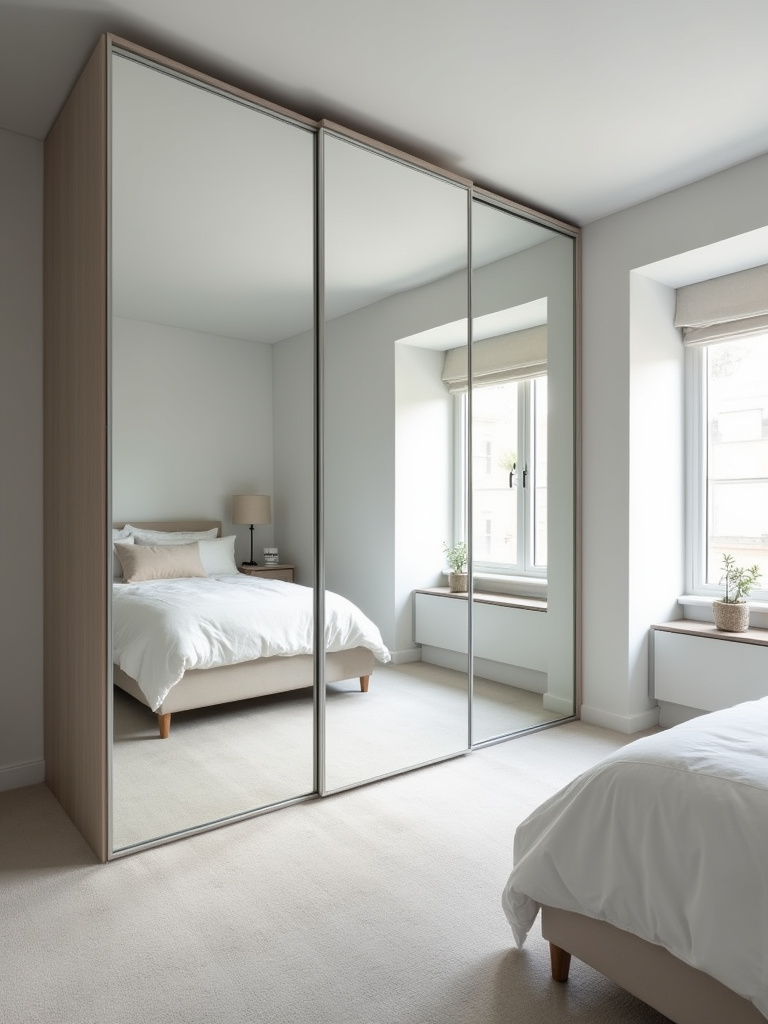 A small bedroom featuring a full-length mirrored wardrobe that visually expands the space by reflecting the bed and window on the opposite wall. Natural light fills the room, enhancing the light gray walls and minimalist furniture, creating a bright and spacious feel.