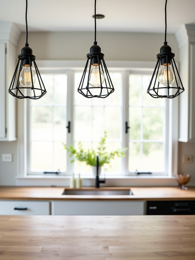 Modern farmhouse kitchen island illuminated by matte black cage pendant lights.