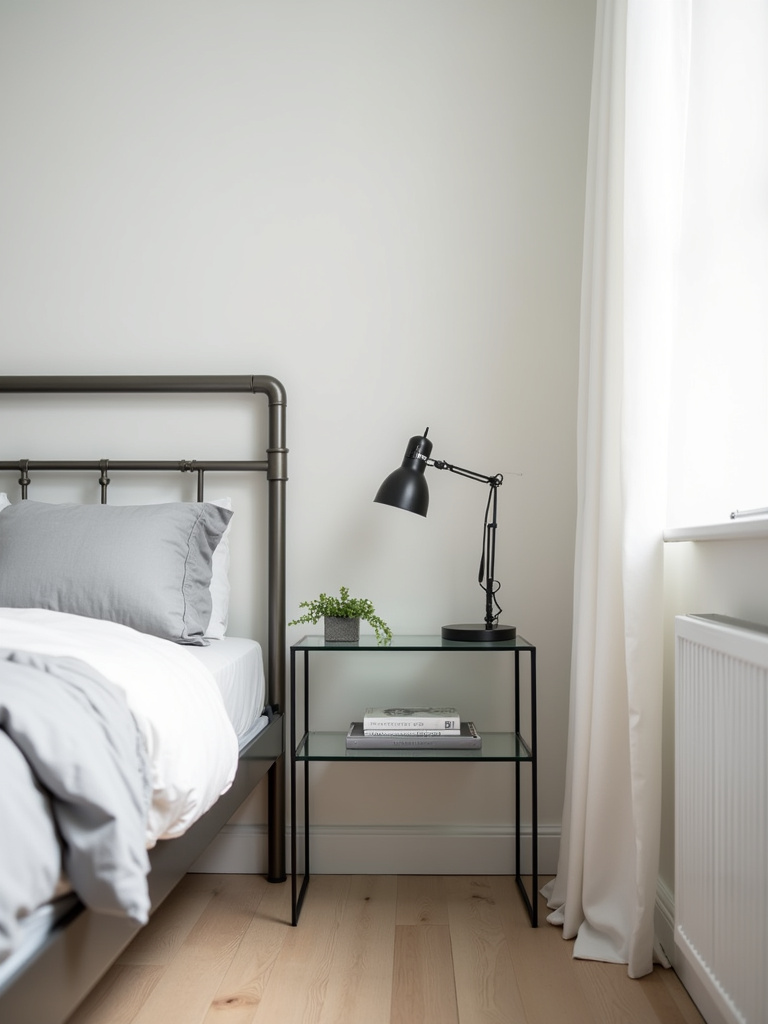 A modern bedroom corner showcasing a metal bed frame, a glass nightstand with a metal lamp, and light gray bedding. Natural light enhances the sleek and contemporary feel of the room, with its white walls, light wood flooring, and minimalist design, accented by metallic and neutral tones.