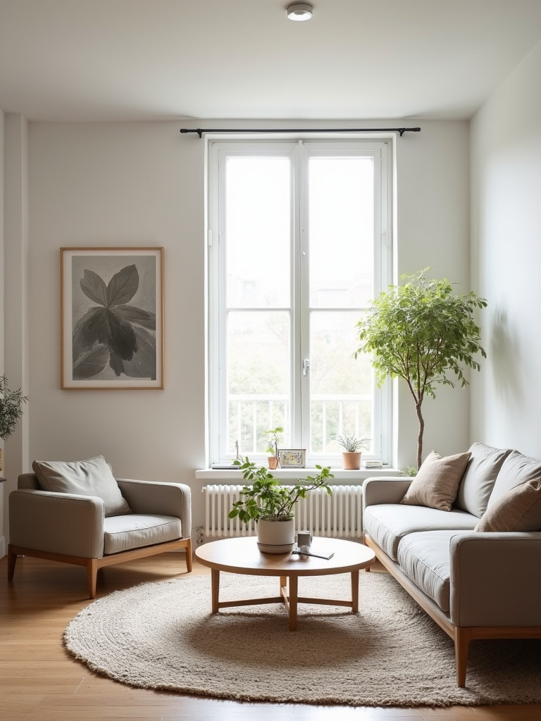 “Modern minimalist living room featuring clean lines, neutral colors, minimal furniture, and bright natural light.”