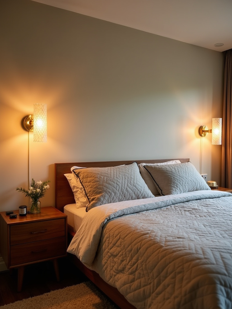 Mid-century modern bedroom with brass wall sconces providing bedside lighting.