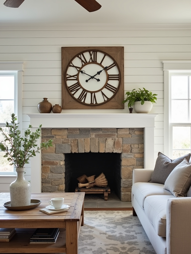“A farmhouse living room with a vintage-inspired decorative wall clock above a stone fireplace mantel, adding rustic charm to the space.”
