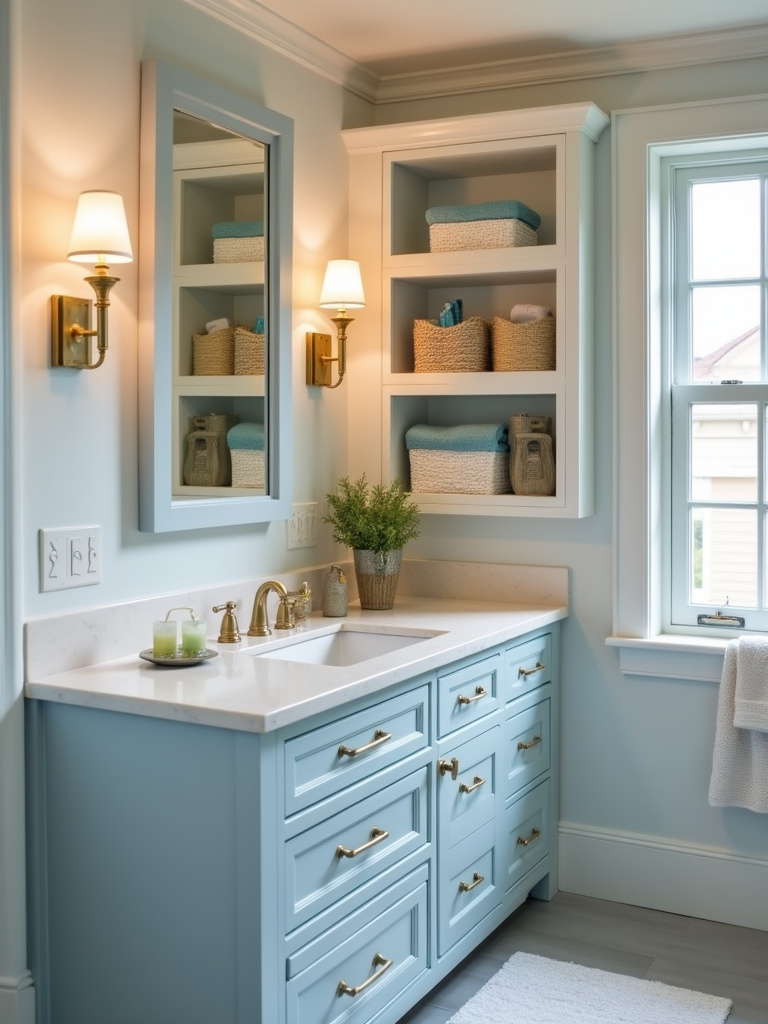Transitional bathroom vanity with drawers and open shelving for multi-tasking storage.