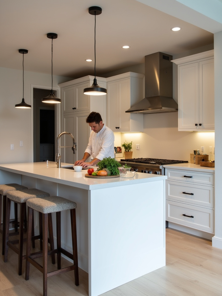 Contemporary small kitchen featuring a multi-functional island with prep space, seating, and storage, maximizing utility in a compact area.
