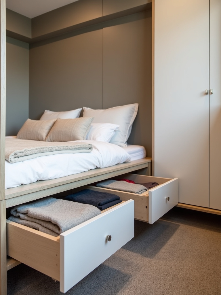 A small bedroom showcasing multi-functional furniture solutions, including a platform bed with open storage drawers revealing folded clothes, and a storage ottoman bench at the foot of the bed. The minimalist decor and organized atmosphere highlight the space-saving efficiency of the furniture in this compact room.