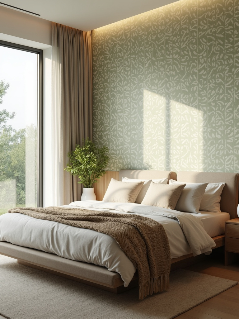 A tranquil bedroom featuring light green leaf pattern wallpaper on the headboard wall, bathed in soft morning light and overlooking trees.