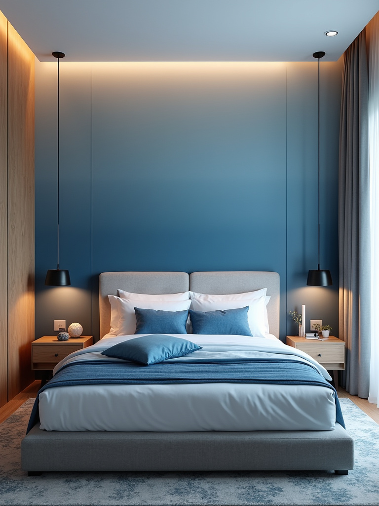 A calming bedroom featuring blue ombre wallpaper on the headboard wall, softly lit by bedside and recessed lighting.
