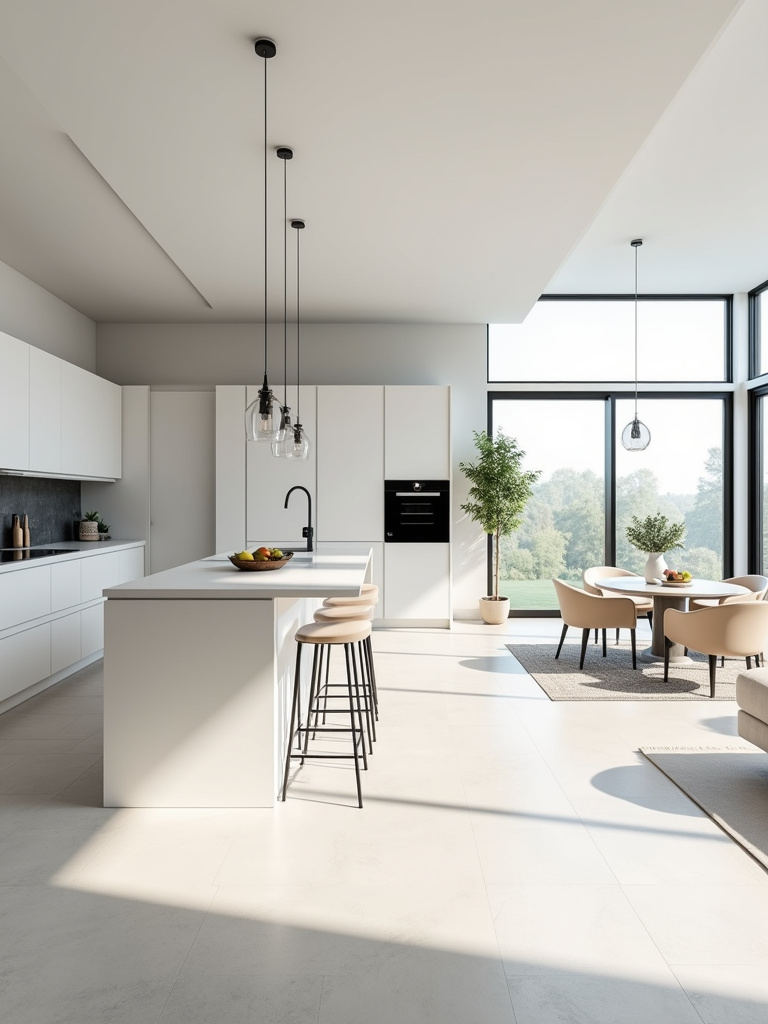 Modern minimalist open layout kitchen seamlessly connected to a light-filled living room, creating a spacious and integrated living area.