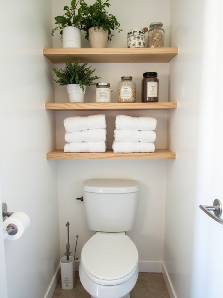 Bohemian bathroom with open shelving above the toilet displaying towels and decorative items.