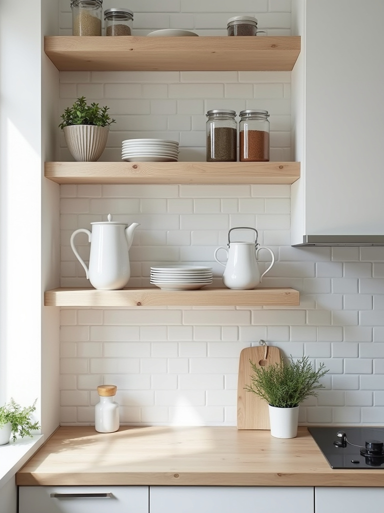 Scandinavian small kitchen featuring light wood open shelves displaying minimalist kitchenware and décor, creating a stylish and airy feel.