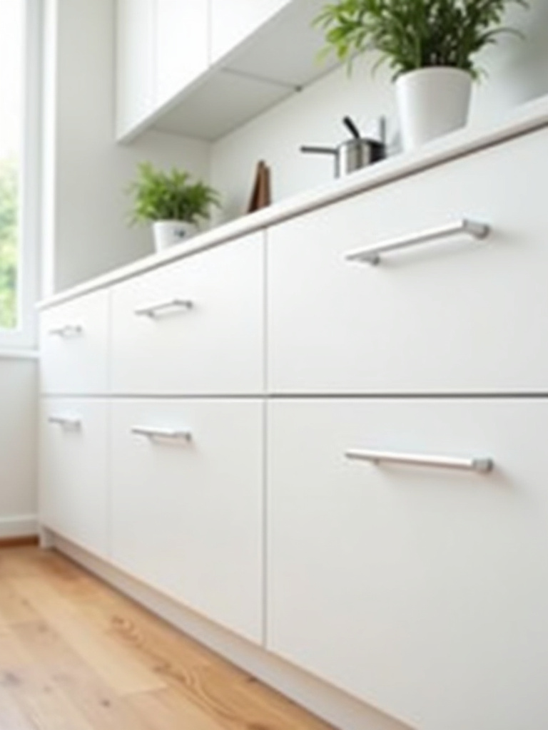 Minimalist kitchen featuring handleless white flat-panel cabinets and drawers, light wood flooring, and bright natural light.