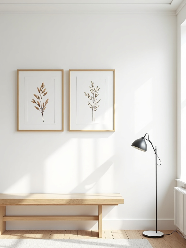 “A minimalist living room with minimalist botanical line art prints in gold frames above a light wood bench, creating a subtle and elegant wall decor display.”