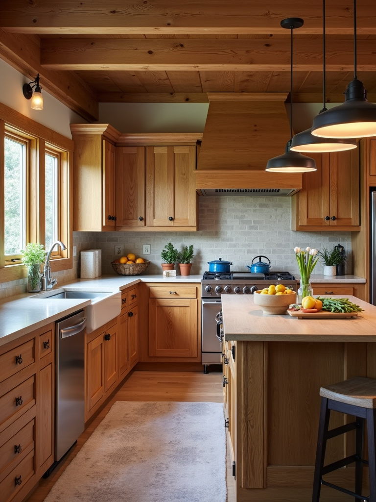 Rustic kitchen featuring light oak Shaker style cabinets and warm pendant lighting above a central island.