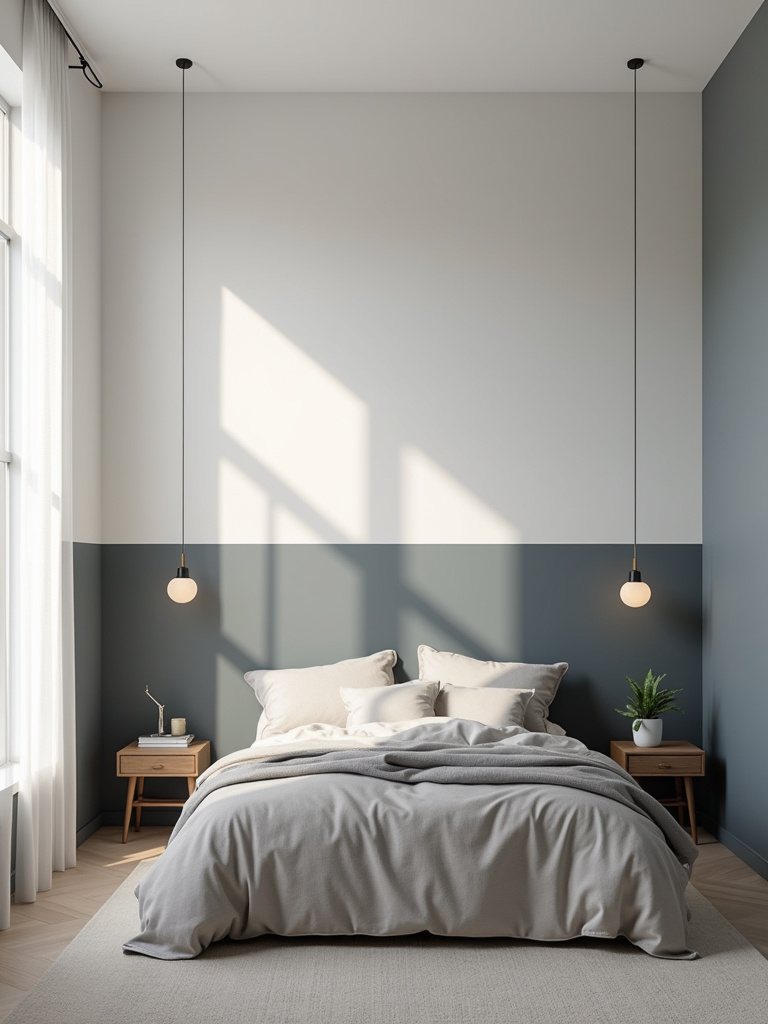 Contemporary bedroom with a two-tone light and dark gray painted wall, minimalist furniture, and neutral bedding.