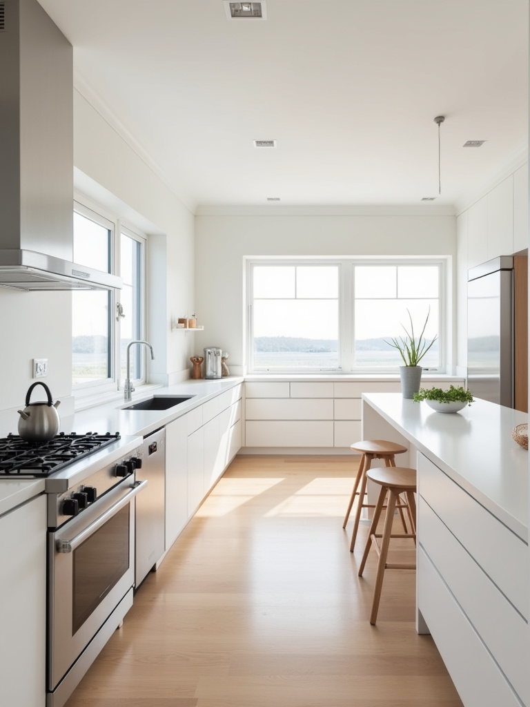 Minimalist kitchen with a functional layout featuring a kitchen island, sink area with window view, and clearly defined work zones.
