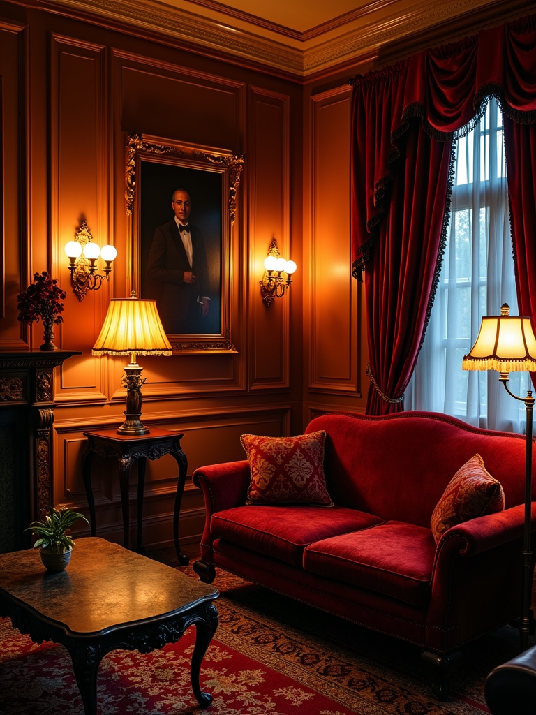 “Opulent Victorian living room with a velvet sofa, ornate coffee table, heavy drapes, and rich, dark colors illuminated by gaslight-style lamps.”