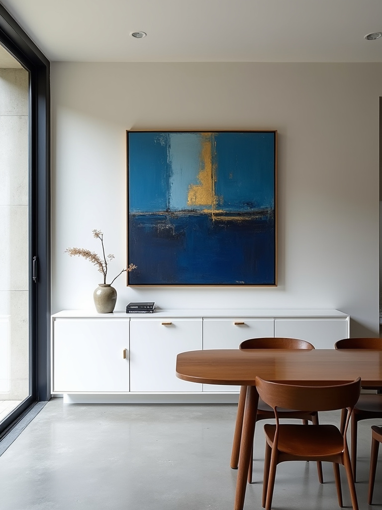 Modern dining room featuring a large abstract painting in blue and gold as a focal point above a sideboard.