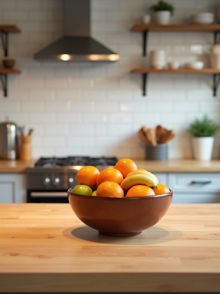 Oversized ceramic fruit bowl filled with colorful fruit on a light wood kitchen island.