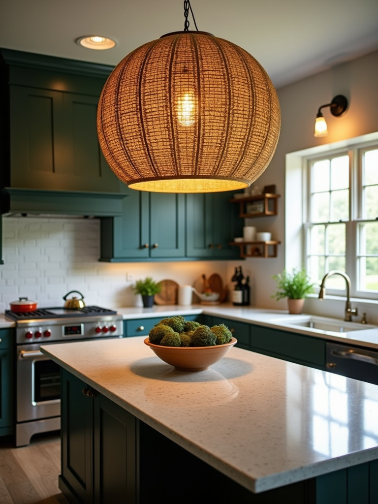 Farmhouse kitchen featuring an oversized statement pendant light as a focal point above the island.