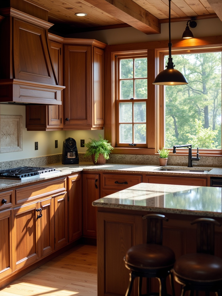 Rustic kitchen showcasing dark wood cabinets beautifully contrasted with honed granite countertops under natural window light.