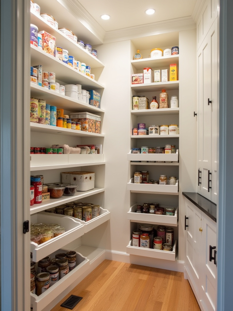 Well-organized pantry interior with white pull-out shelves fully extended, showcasing accessible pantry items.