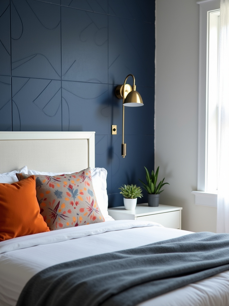 A modern bedroom featuring a navy blue geometric peel and stick wallpaper accent wall, illuminated by diffused afternoon light.