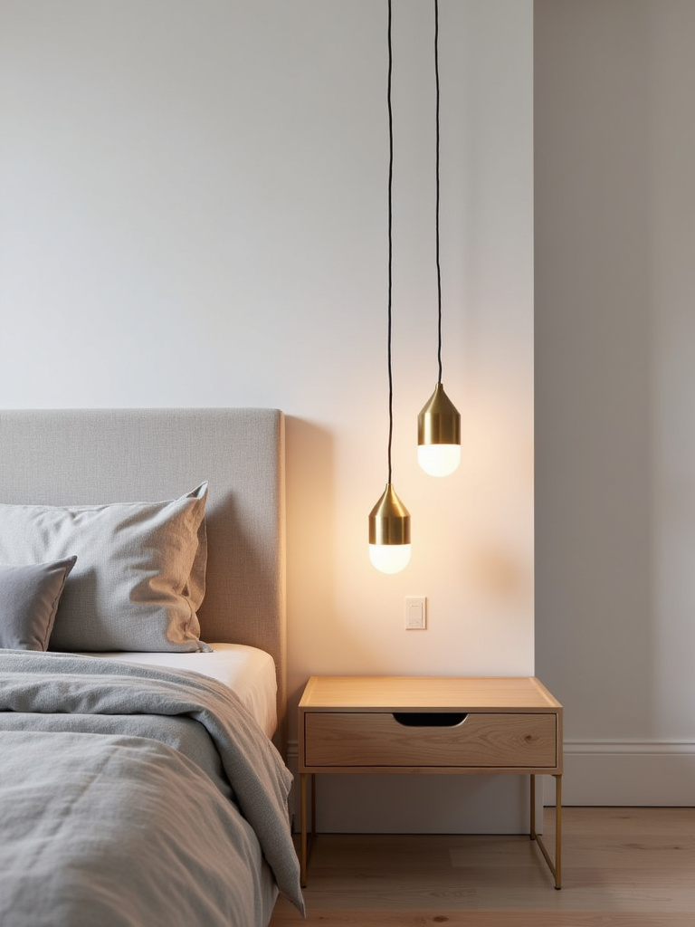 A modern bedroom showcasing brass pendant lights hanging above minimalist nightstands on either side of a king-sized bed. The soft warm light from the pendants creates a cozy bedside atmosphere, complementing the light gray bedding, white walls, and Scandinavian-style décor.
