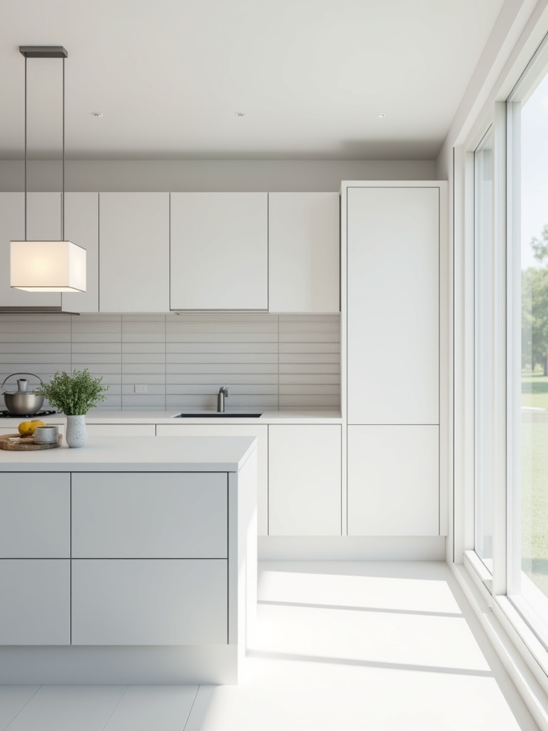 Minimalist kitchen showcasing clean lines and geometric shapes through flat-panel cabinets, rectangular island, square pendant lights, and linear tile backsplash.