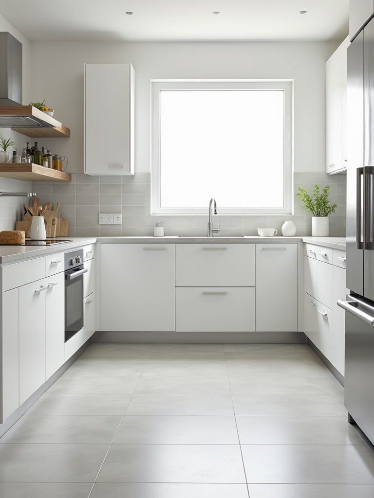 Minimalist kitchen with simple neutral-toned flooring featuring large format light gray tiles, white flat-panel cabinets, and stainless steel appliances.