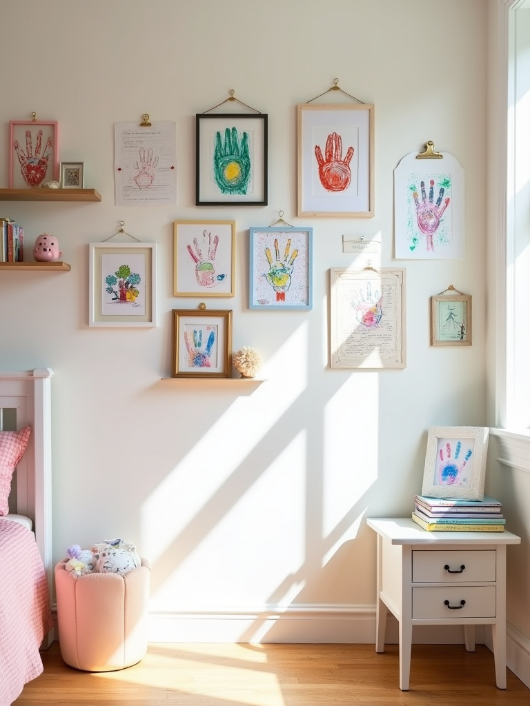 Kids bedroom wall with gallery of personalized DIY artwork and children’s drawings.
