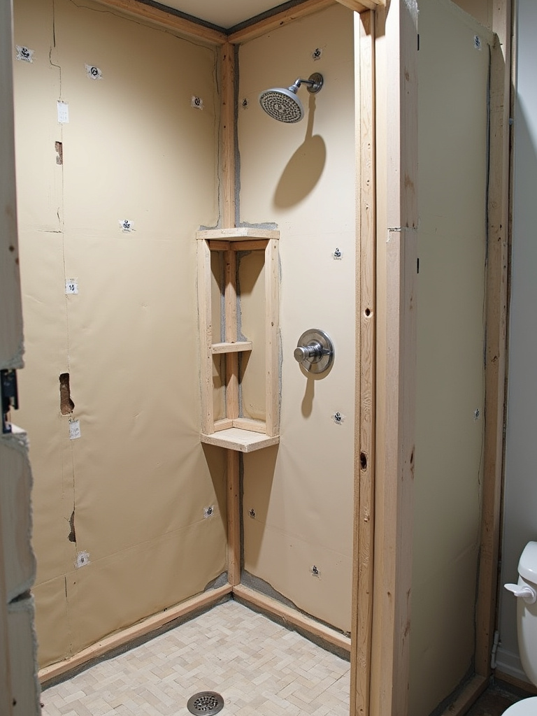 “A shower wall frame during renovation, showing the waterproof membrane applied over backer board, highlighting ‘behind-the-scenes’ waterproofing.”