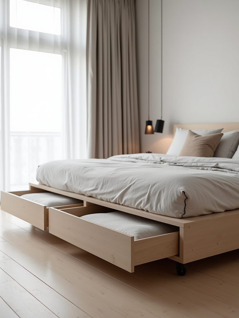 A minimalist bedroom featuring a light wood platform bed with integrated storage drawers slightly ajar, revealing folded linens. Soft natural light illuminates the room, highlighting the neutral color palette and clean lines of the furniture.
