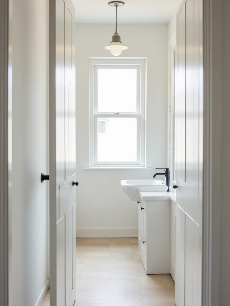 Small Scandinavian bathroom with a white pocket door partially open.