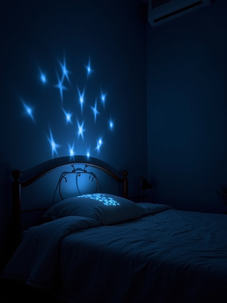 Dark and moody bedroom with a star pattern projected onto the wall behind the bed by a decorative light projector.