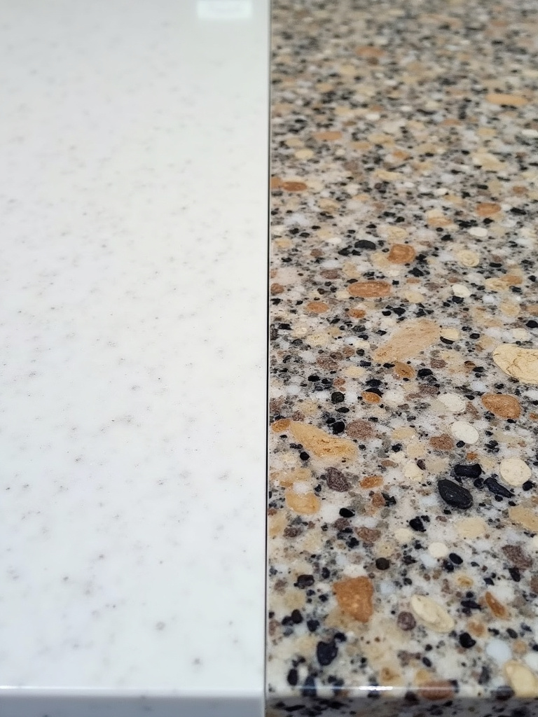 A side-by-side comparison of quartz and granite countertops, showcasing the smooth, consistent pattern of quartz against the varied, natural pattern of granite under diffused overhead lighting.