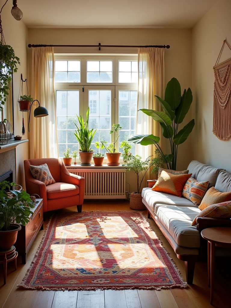 “Relaxed bohemian living room with layered rugs, colorful pillows, macrame wall hanging, vintage furniture, and abundant plants.”